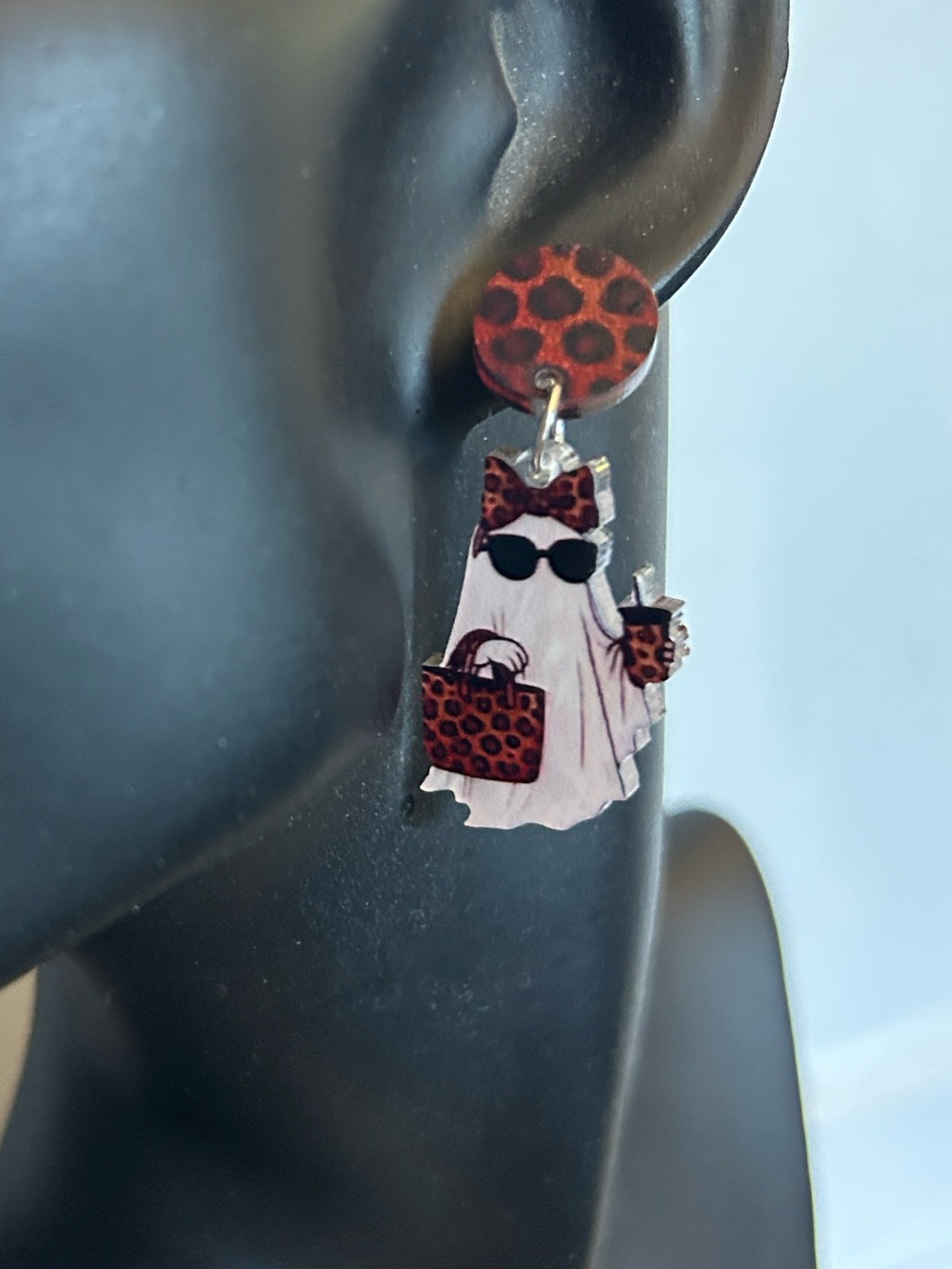 Halloween Leopard Print Acrylic Ghost Pierced Earrings - Picture 3 of 5